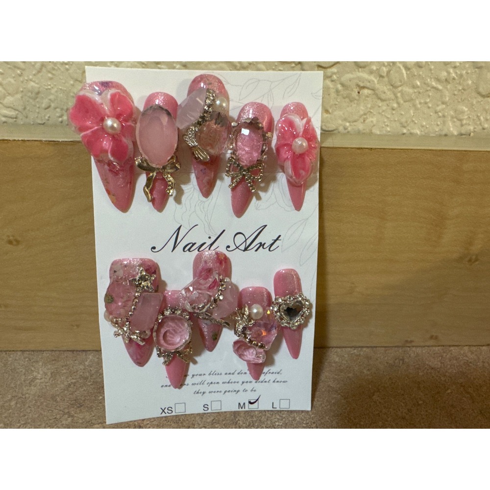 Pink 3D Floral Press On Nails Stiletto Rhinestone Bow Pearl Size Medium 10pc Set
